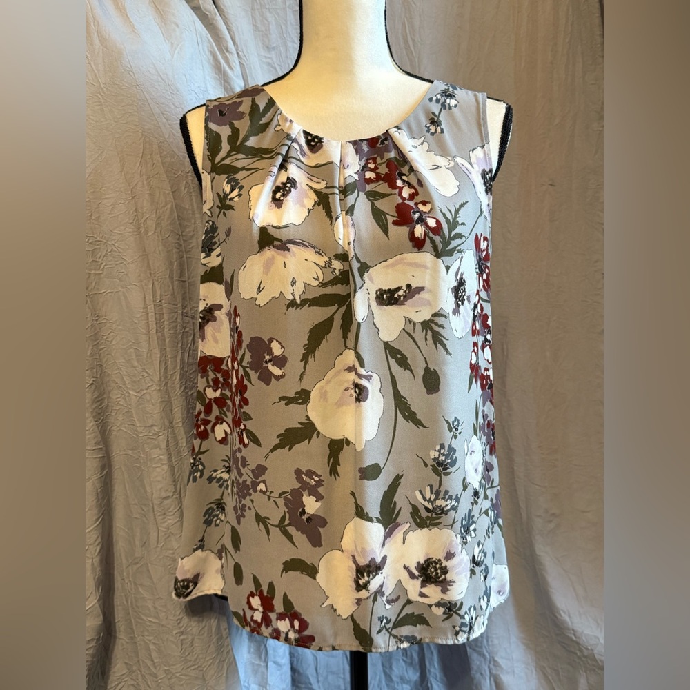 LOFT Gray Blouse with Artistic Floral Design
